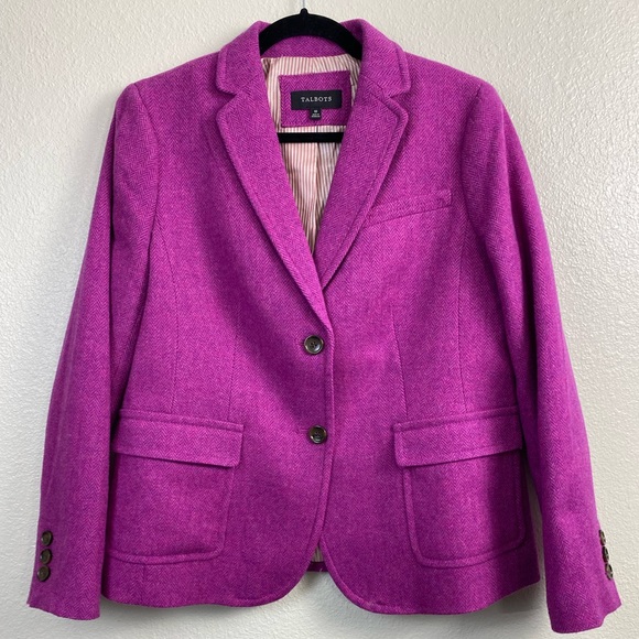 Talbots Wool Herringbone Magenta Pink Barbie Blazer Suit Jacket Womens 10 Office - Picture 14 of 14